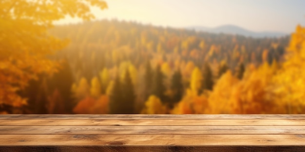 The empty rustic wooden table for product display with blur background of autumn forest Exuberant image