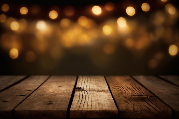 Empty rustic wooden table with blurred lights at background