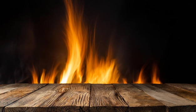 Empty rustic wooden table with fire flames on backdrop Mock up for product display