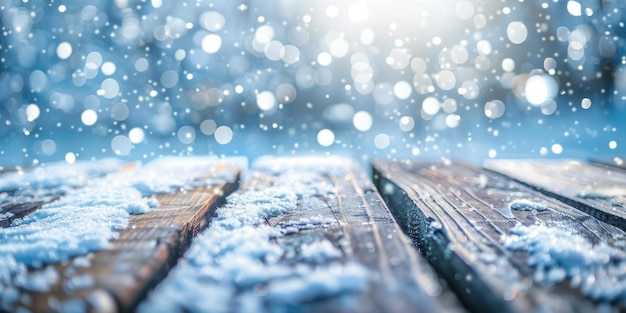 Photo empty rustic wooden table with natural winter background for display of advertise seasonal products