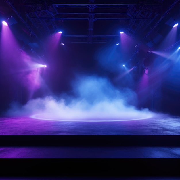 Empty scene with blue purple neon stage spotlight Empty night scene beams of spotlights and diodes neon light shadows glare and reflections AI generated