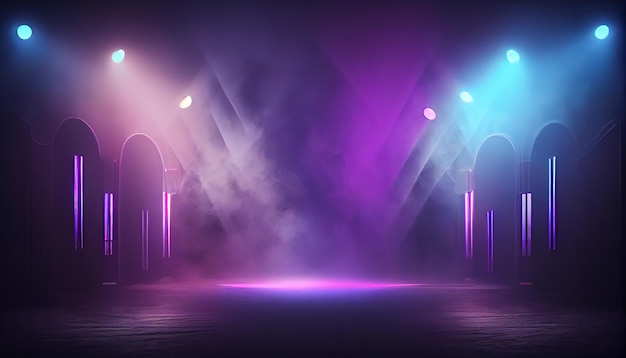 Empty scene with blue purple neon stage spotlight