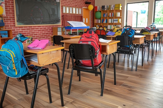 Empty School Classroom with Backpacks on Desks