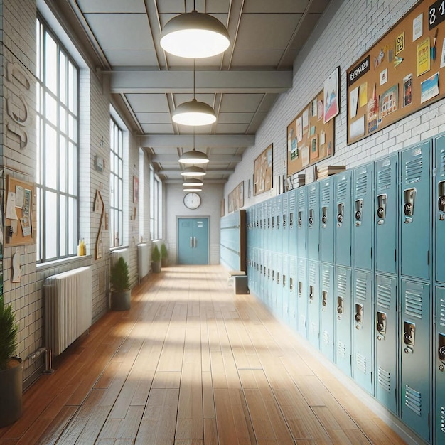 Empty School Hallway with Lockers and Bulletin Boards