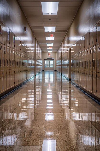 Photo empty school hallway with rows of lockers and clean shiny floors