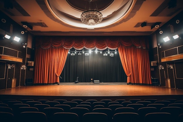 Empty school stage with curtains drawn