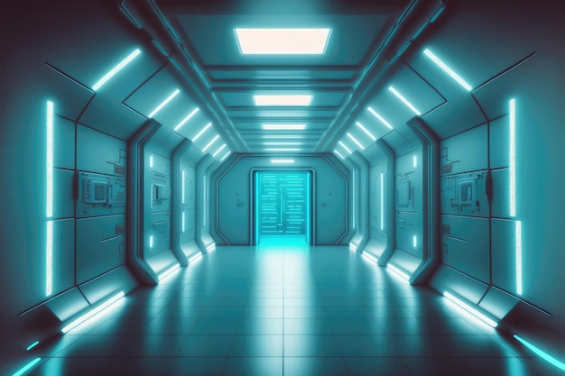 Empty scifi futuristic room of spaceship with blue light decoration