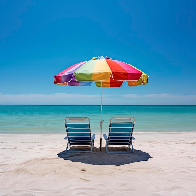 Empty sea beach with chairs and blue sky