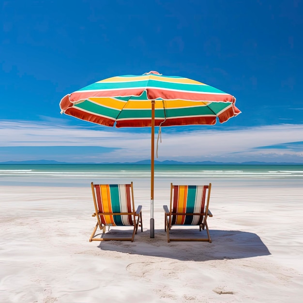 Empty sea beach with chairs and blue sky