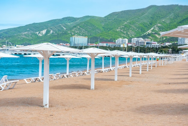 Empty seats at the beach without no tourists because of covid19 corona