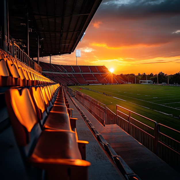 Photo empty seats at a stadium with a vibrant sunset in the background