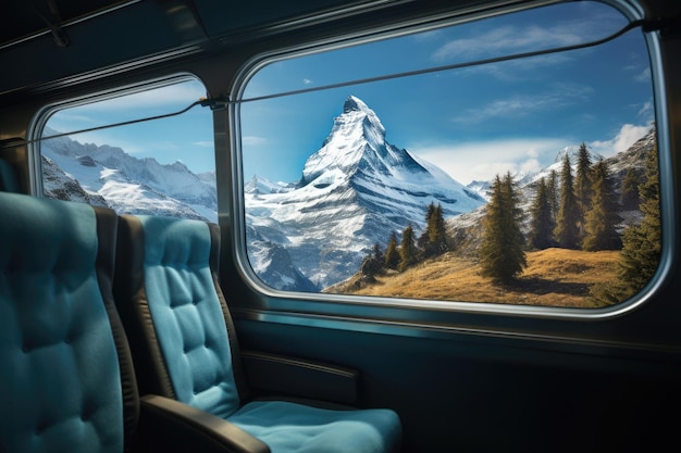 Empty seats on train with landscape of snowy mountains in window Commuter train Travel by public transport in Europe