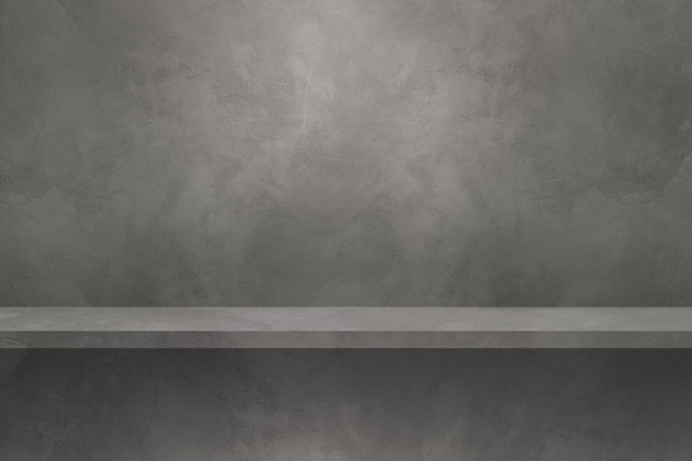 Empty shelf on a grey wall. Background template scene. Horizontal backdrop