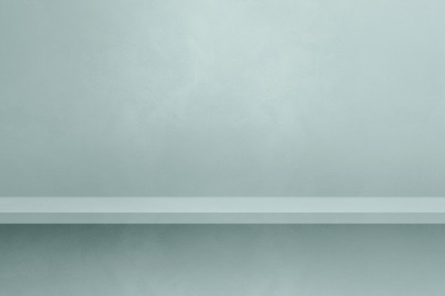 Empty shelf on a light blue concrete wall Background template Horizontal mockup