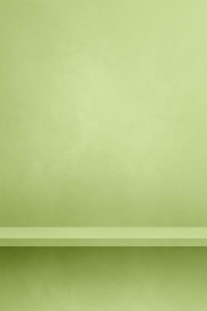 Empty shelf on a light green concrete wall Background template Vertical mockup