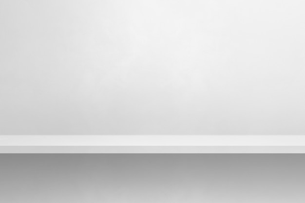 Empty shelf on a white wall. Background template scene. Horizontal backdrop