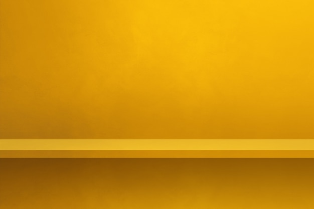 Empty shelf on a yellow wall. Background template scene. Horizontal backdrop