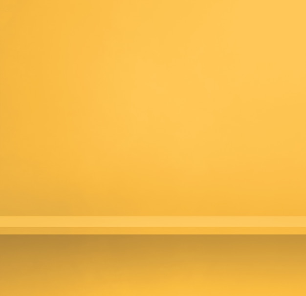 Empty shelf on a yellow wall. Background template scene. Square banner