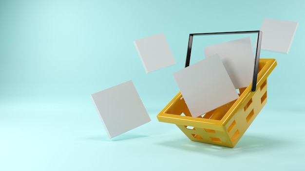 Empty shopping cart isolated on yellow background. Concept banner for online sales.