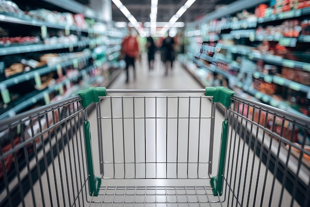 Photo empty shopping cart metal bars visible blurred bustling supermarket aisle in background