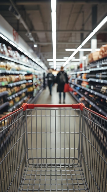 Photo empty shopping cart metal bars visible blurred bustling supermarket aisle in background