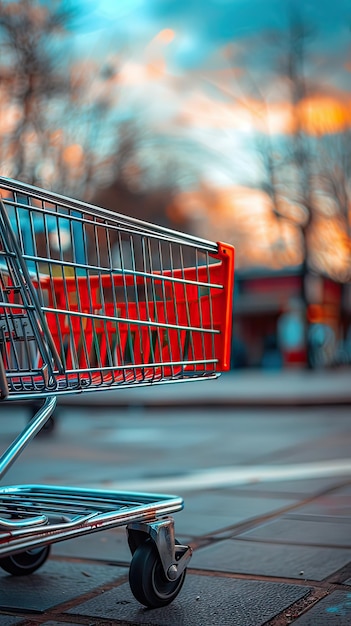 An empty shopping cart on the sidewalk in front of a building no people Generative AI