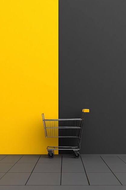 Photo empty shopping cart standing on yellow and black background