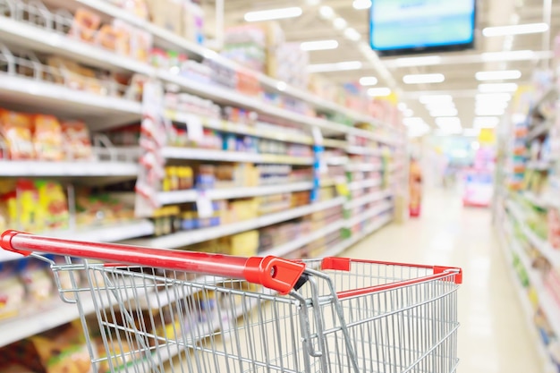 Empty shopping cart with supermarket aisle and product shelves interior defocused background