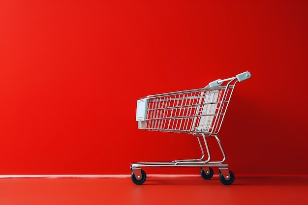 Empty Shopping Trolley against a Red Wall Background AI