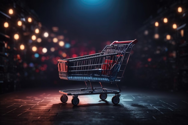 Empty shopping trolley on dark toned foggy background with some copy space