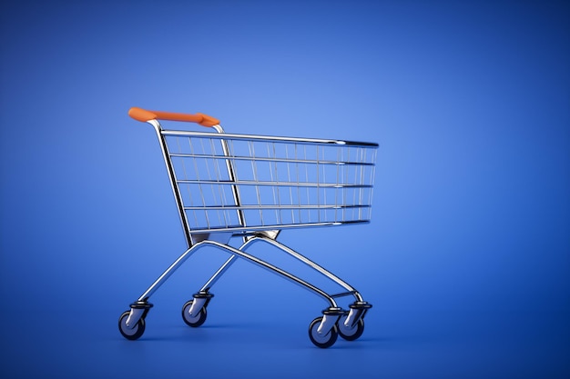 Empty shopping trolley isolated on blue background 3d render