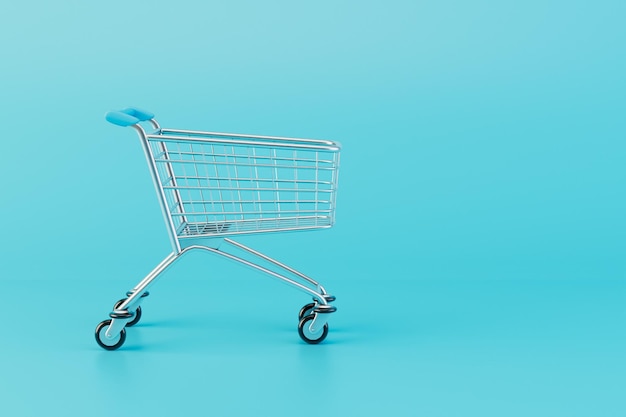 Empty shopping trolley isolated on blue background 3d render