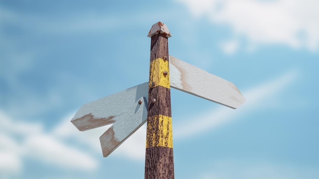 Empty signpost is made of old and dirty wood on sky background 3D Render