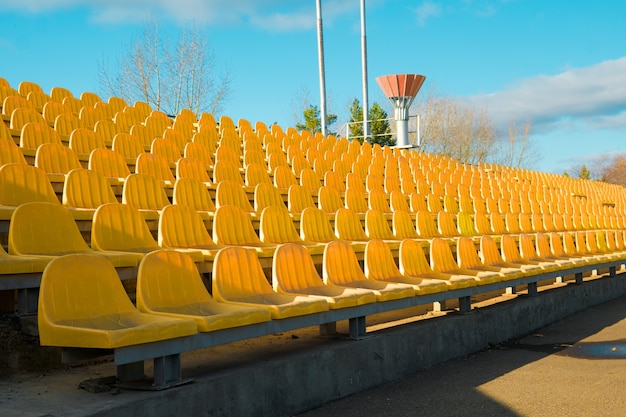 Empty sits on a tribune on a stadium due to virus