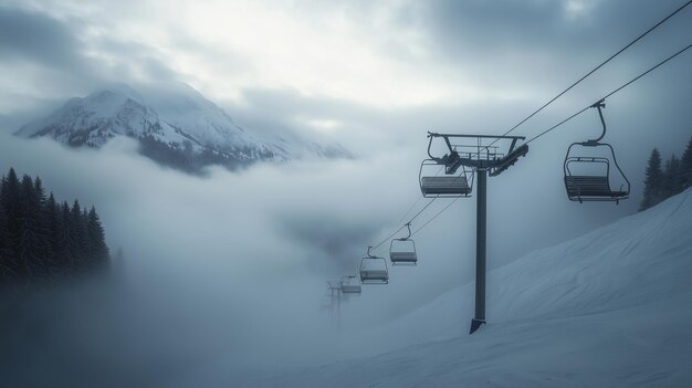 Photo empty ski lift chairs ascend through a fogcovered mountain pass at a winter resort during early morning light