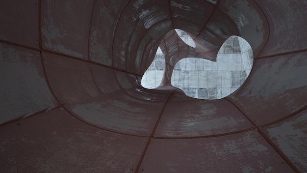 Empty smooth abstract room interior of sheets rusted metal and brown concrete Architectural