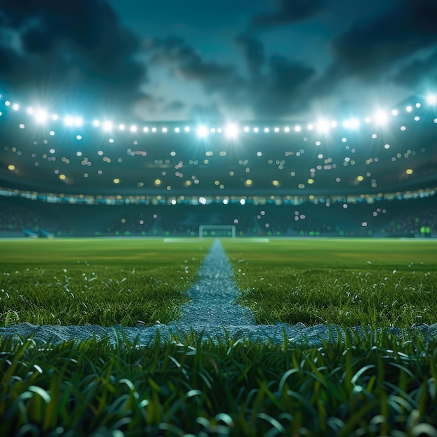 Empty soccer colorful stadium with green grass and blue sky