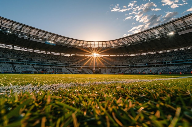 Empty soccer stadium with fans in the evening light