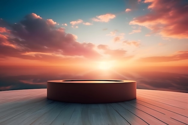 An empty space podium with a sky theme featuring a beautiful sunset as the background Generative AI