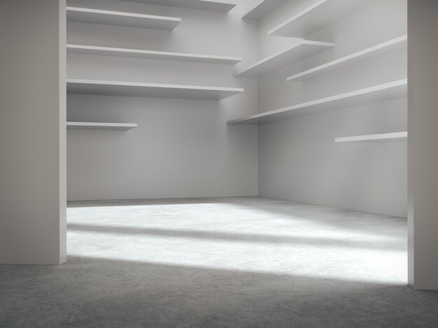 Empty space for product showcase in white room.