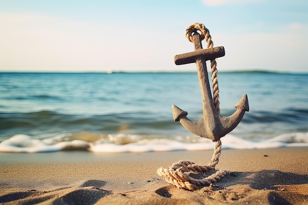 Empty space on sandy beach with wooden anchor and rope suitable for text