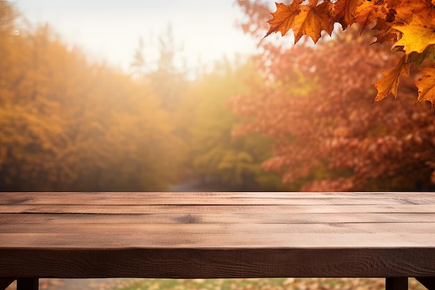 Empty space on a table with an autumn background perfect for displaying your product