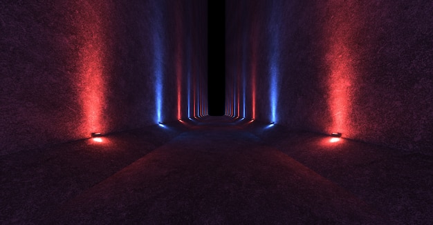 Empty space with concrete walls and fixtures on the walls spreading directed red and blue light up and down