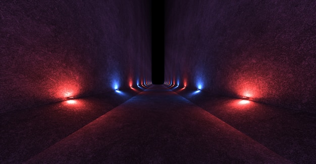 Empty space with concrete walls and lamps on the walls spreading soft diffused red and blue light up and down. 