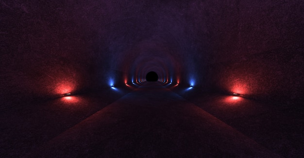 Empty space with concrete walls and lamps on the walls spreading soft diffused red and blue light up and down. 