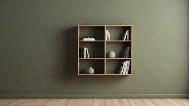 empty space with wall bookcase on olive green wall color background