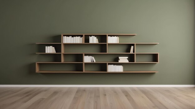 empty space with wall bookcase on olive green wall color background