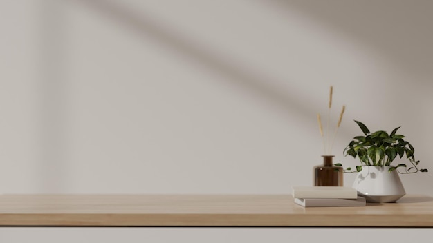 Empty space for your product display on a wooden tabletop against the white wall