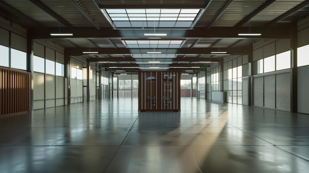 An empty spacious warehouse with a singular shipping container in the center lit by large skylights evoking a sense of industrial solitude