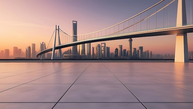 Photo empty square floor and bridge with city skyline at sunset in shanghai background wallpaper photo